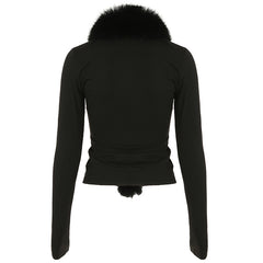 Elegant Fur Collar Stitching Black Sweater Top