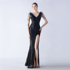 Elegant Feather Beaded Long Sequined Evening Dress