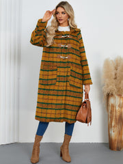 Horn Button Loose Retro Check Hooded Warm Plaid Long Coat