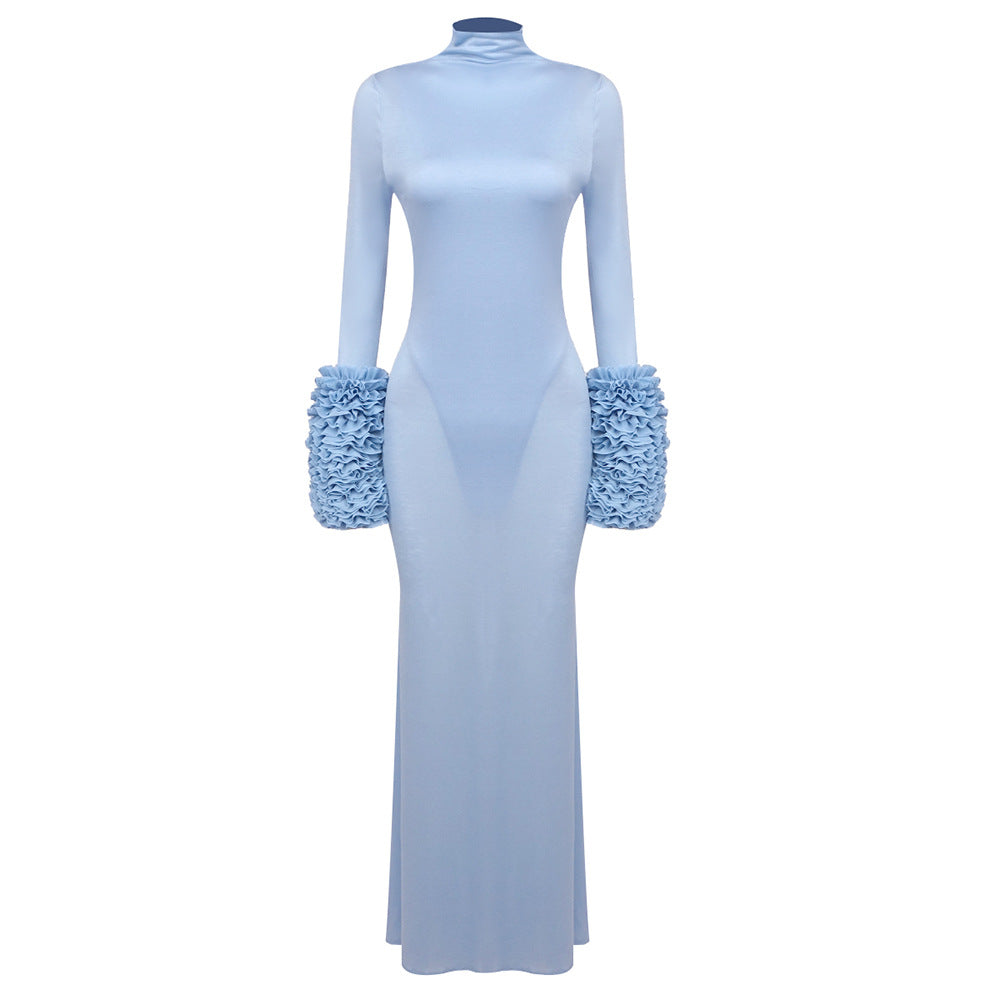 Long Sleeve Light Blue Tencel Mesh Oversleeve Formal Dress