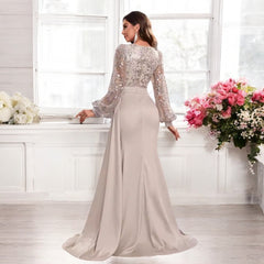 Women Sequined Satin V neck Long Sleeve Evening Gown