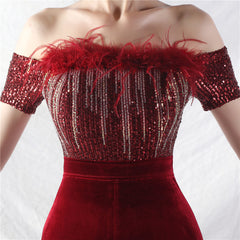 Elegant Ostrich Fur Velvet off Neck Evening Dress