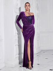 One Shoulder Long Sleeve Purple Sequined Slit Evening Dress