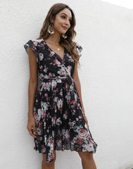 V neck Waist Lace up Printing Vacation Dress