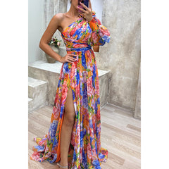 Loose Multi Color One Shoulder Split Formal Dress