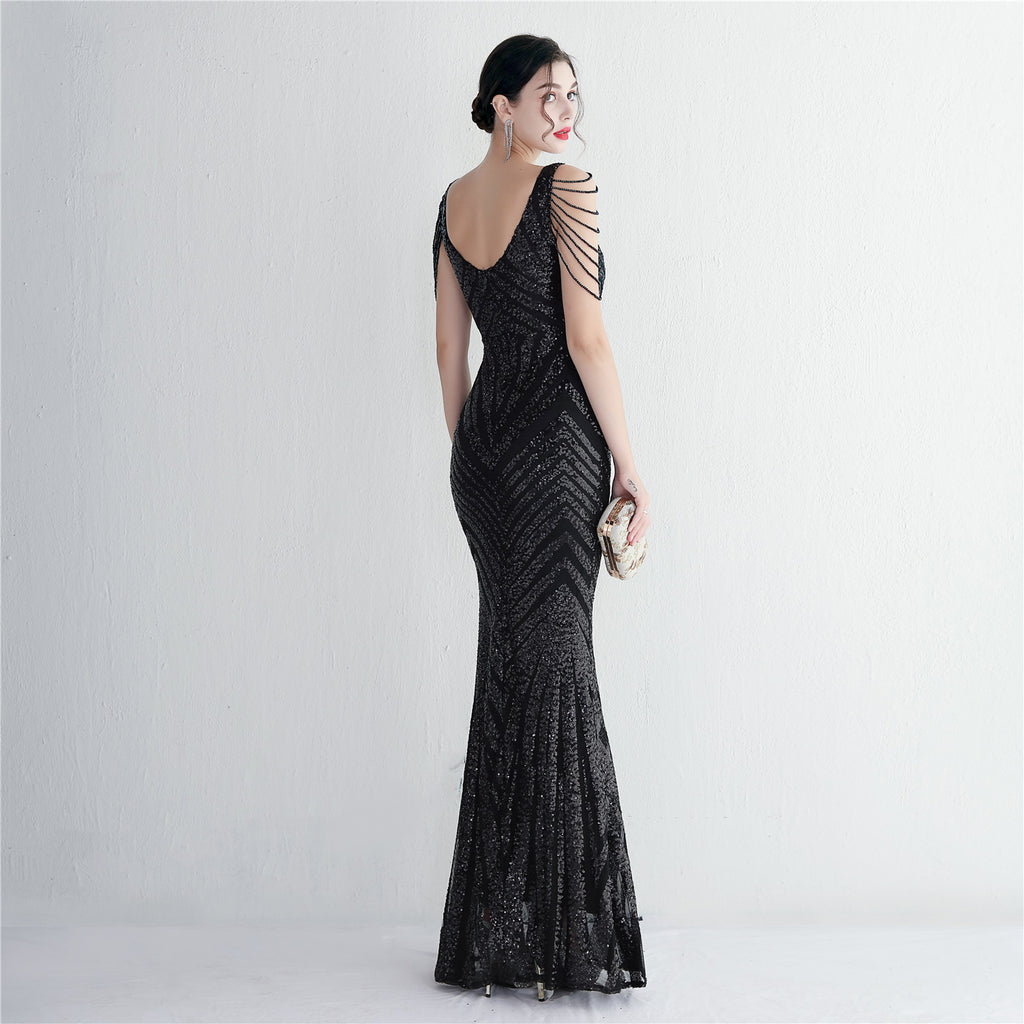 REVCHIC LUXE Elegant V-Neck Sequin Fringe Maxi Gown
