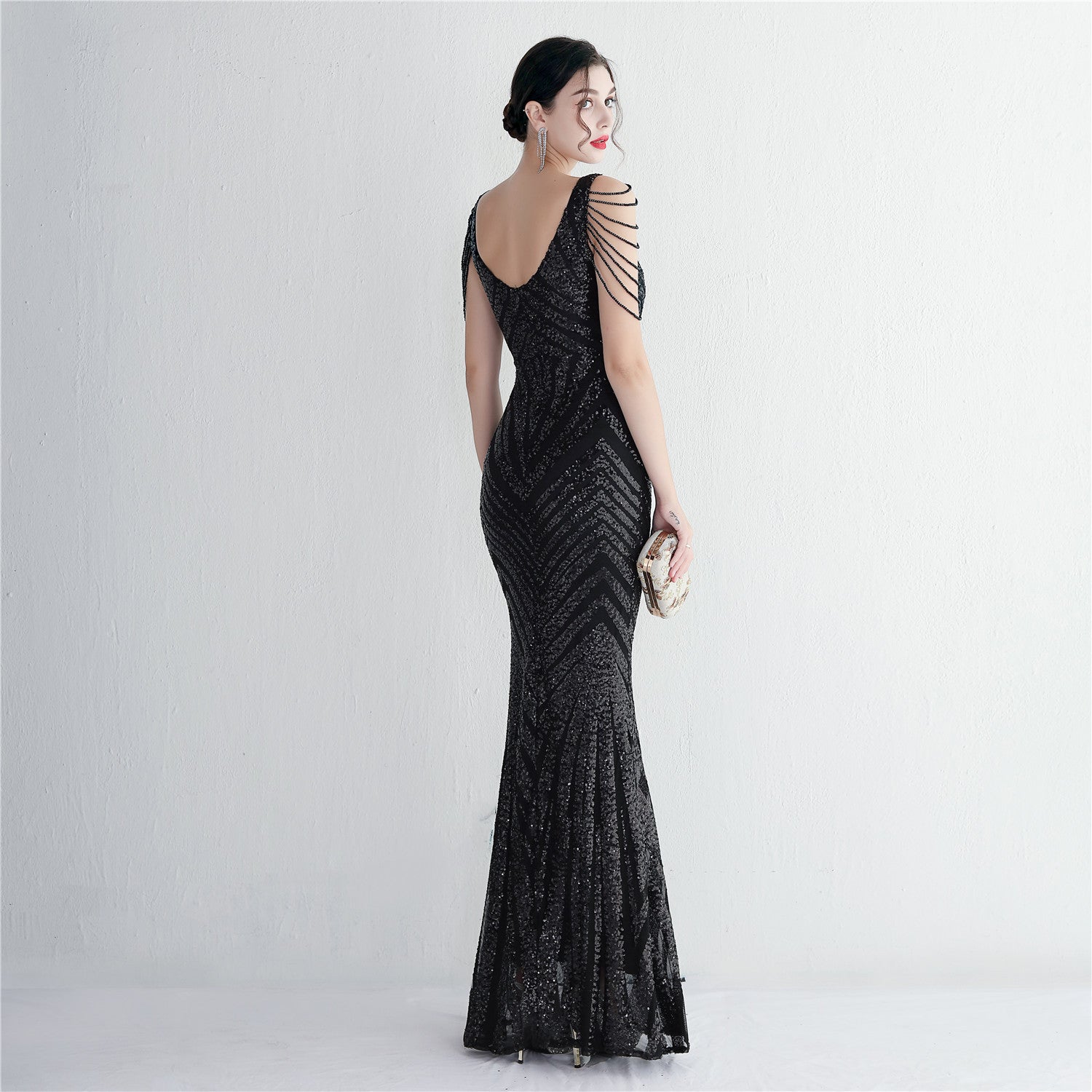 REVCHIC LUXE Elegant V-Neck Sequin Fringe Maxi Gown