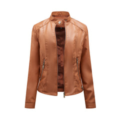 Women Stand Collar Casual Leather Motorcycle Jacket