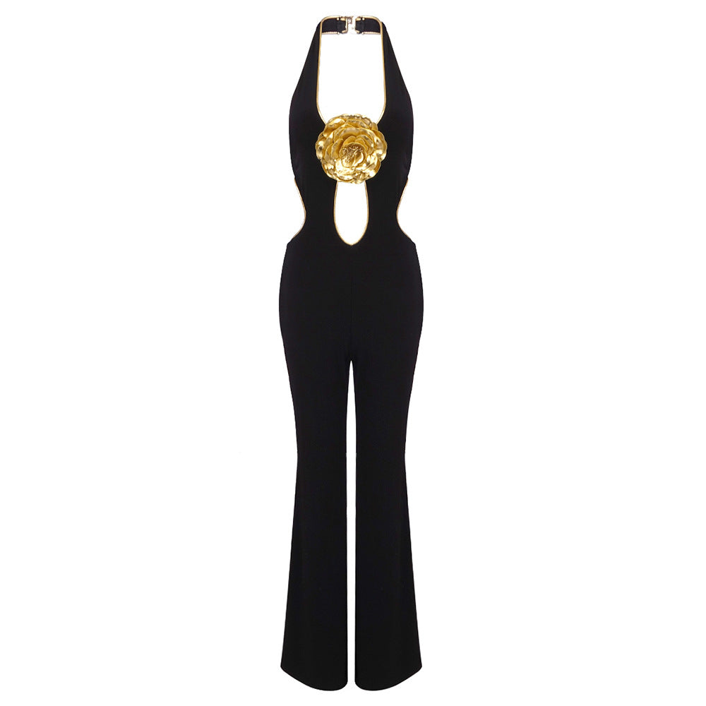 Sexy Golden Floral Halter Backless Formal Jumpsuit