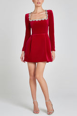 Elegant Square Collar Diamond Short Velvet Formal Dress