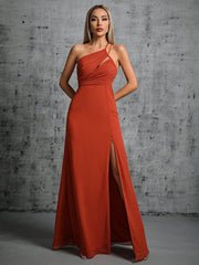 Women Wine Red One Shoulder Split Evening Dress