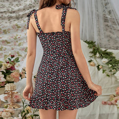 Pastoral Lace Collar Slip French Tied Bow Sexy Printing Dress