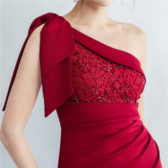 Lace Beaded One Shoulder Roman Collar Side Slit Evening Dress