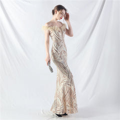 Elegant Boning Corset Ostrich Feather Sequined Evening Dress