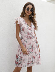 V neck Waist Lace up Printing Vacation Dress