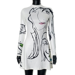 Women Portrait Line Printing Casual Long Sleeve Dress