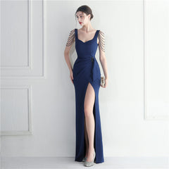 Elegant Beaded Long Slit Evening Dress