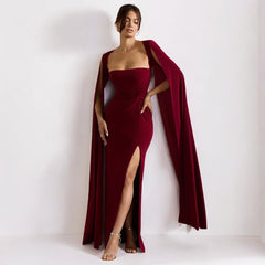 Square Collar Mop Long Sleeve High Slit Party Dress