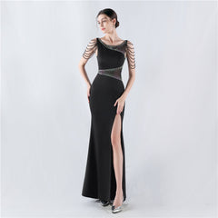 Elegant Embroidery Drilling Sheer Mesh Satin Evening Dress