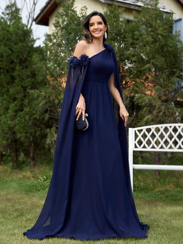 One Shoulder Blue Chiffon Ribbon Fishtail Cocktail Evening Dress