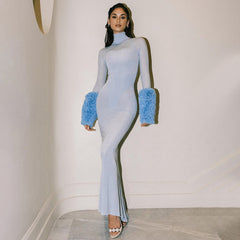 Long Sleeve Light Blue Tencel Mesh Oversleeve Formal Dress