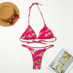 Women Printed Lace up Chiffon Bikini Set