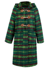 Horn Button Loose Retro Check Hooded Warm Plaid Long Coat