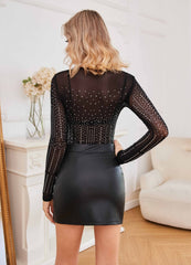 Women Long Sleeve round Collar Gauze Rhinestone Bodysuit