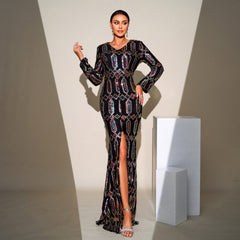 High End Sequined Long Sleeve Cocktail Evening Dress