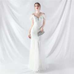 Craft Order Ostrich Hair Sequin Stitching Mesh High End Evening Dress