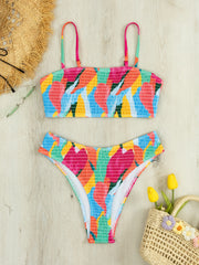 Color Block Printed Smocked Stitching Bikini Set