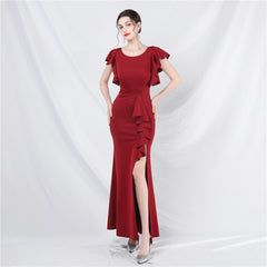 Elegant V-Neck Ruffle Short Sleeve Formal Dress