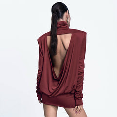 Women Turtleneck Padded Shoulder Loose Backless Party Dress