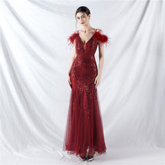 Elegant Ostrich Feather Mesh Sequin Evening Dress