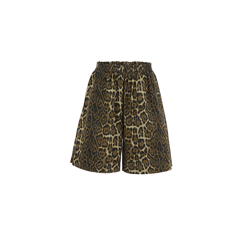 Casual Leopard Print Pure Cotton Straight Loose Shorts