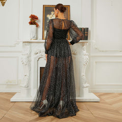 Long Sleeved Round Neck Sequin Lace Evening Dress