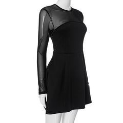 Women Mesh Stitching Black Short Day Dress