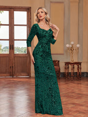 3/4 Sleeve Sequin Slim Fishtail Cocktail Evening Dress