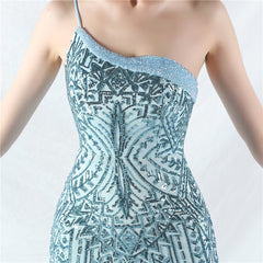 Elegant One Shoulder Beaded Floral Sequin Mesh Evening Dress