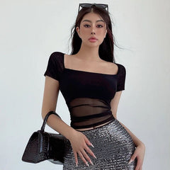 Summer Mesh See Through Short Sleeve Crop Top