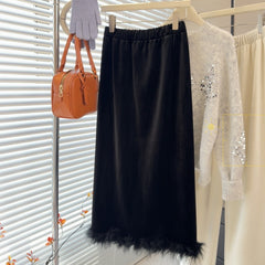 Women Velvet Mid Length Tassels Feather Skirt