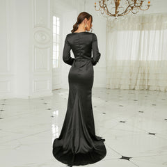 Elegant Long Sleeves Satin Split Formal Dress