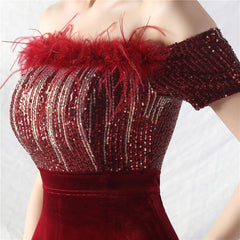 Elegant Ostrich Fur Velvet off Neck Evening Dress