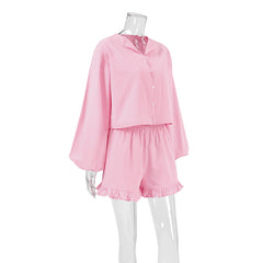 Autumn Pink Cotton Long Sleeve Shorts Ruffled Pajamas Sets