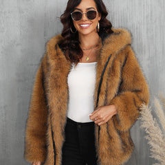 Solid Color Loose Hooded Short Fur Collar Coat