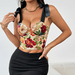 Retro Floral Print Corset Lace Up Steel Ring Boning Corset Top