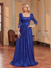 Elegant Sequin Blue Long Sleeved Evening Dress