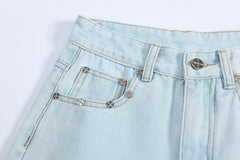 Light Blue Tassel Raw Hem Ripped A line Denim Shorts