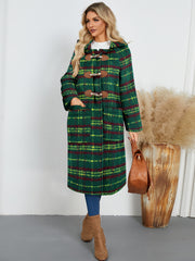 Horn Button Loose Retro Check Hooded Warm Plaid Long Coat