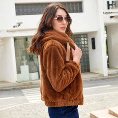 Women Plush Hooded Long Sleeve Cotton Coat